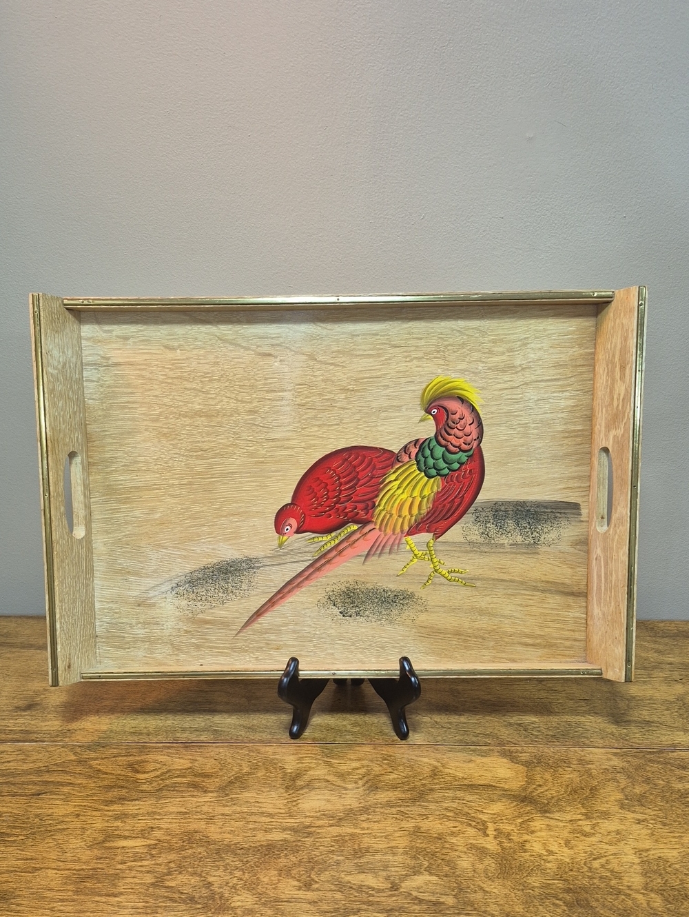 VINTAGE Mid Century Modern Wooden Serving Tray Pheasant Handpainted Motif